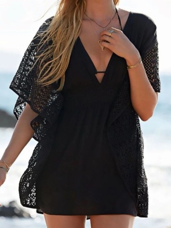 Victoria's Secret Other - Victoria's Secret Black Crochet-Sleeve V-Back Swim Coverup Tunic